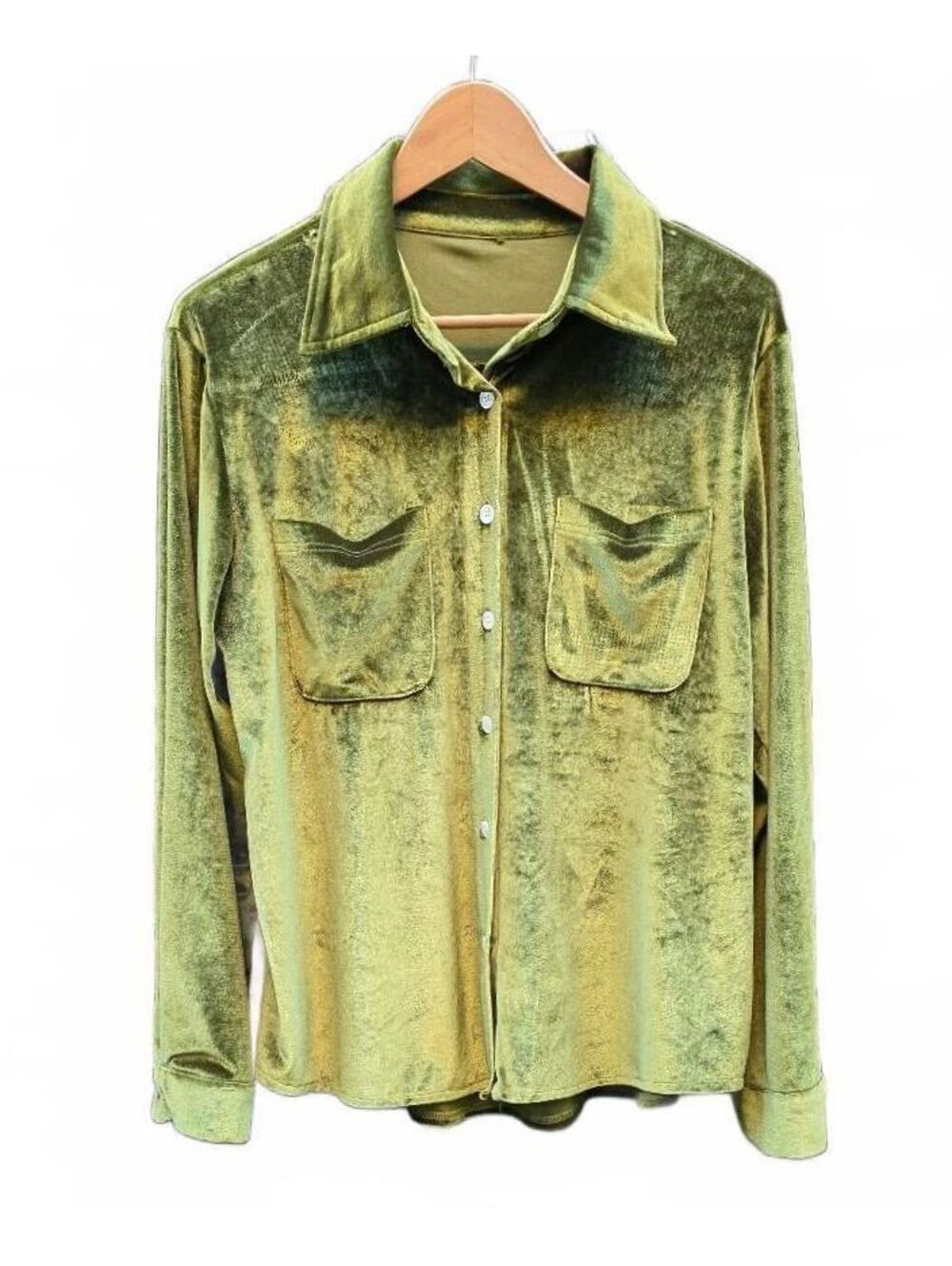 Anthropologie Pilcro Mara Velvet Button Down Shirt Olive Green XL No Brand Tag